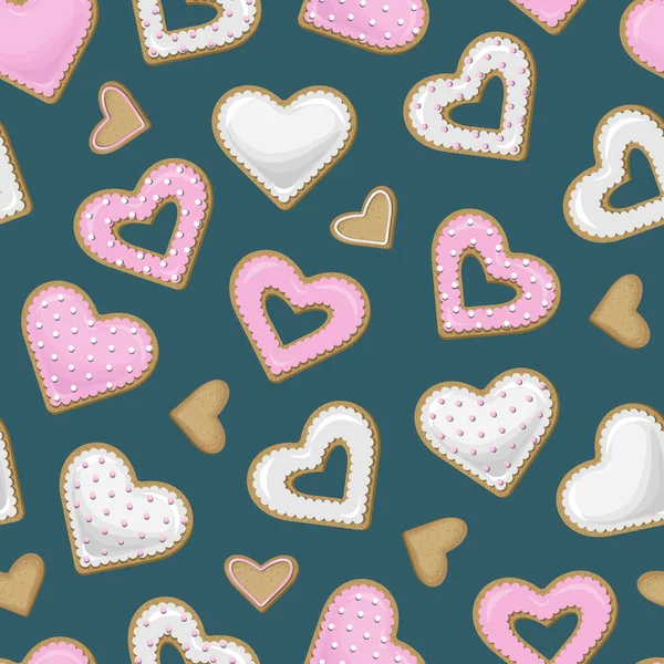 ピンクと白のクッキーのベクトルシームレスなパターンは 灰色のエメラルドの背景に隔離された心の形 — ストックベクタ