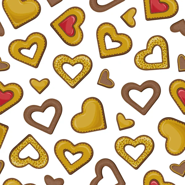 チョコレートクッキーのベクトルシームレスなパターンは 黄金の釉薬と赤いジャムで覆われ 白い背景に隔離されたトッピング菓子で飾られた心の形 — ストックベクタ