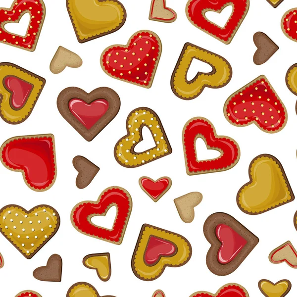 白を基調とした金色と赤の釉薬で覆われた心の形でチョコレートクッキーのベクトルシームレスパターン — ストックベクタ
