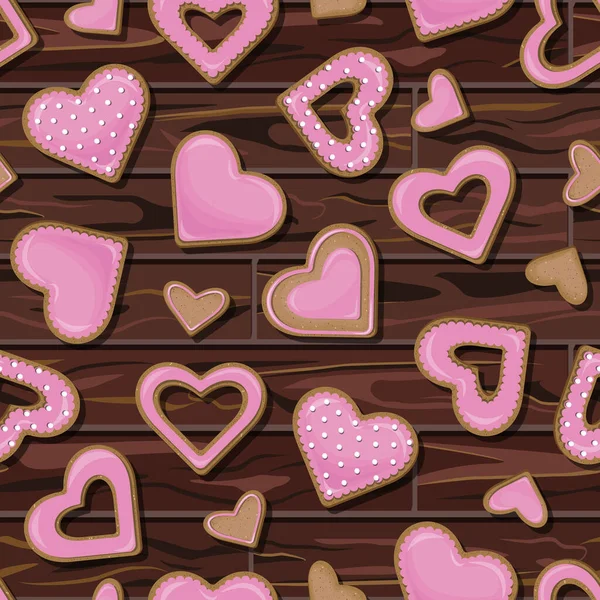 木製テーブルの背景に隔離された心の形でピンクのクッキーのベクトルシームレスパターン — ストックベクタ