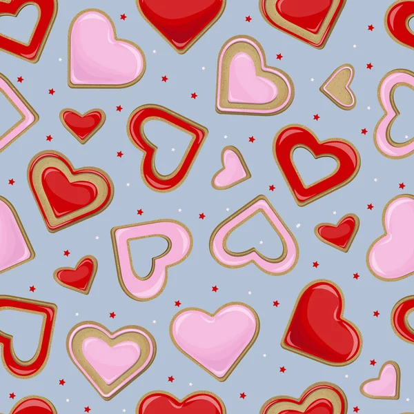 ピンクと赤のクッキーのベクトルシームレスなパターン灰色の背景に隔離された心の形 — ストックベクタ