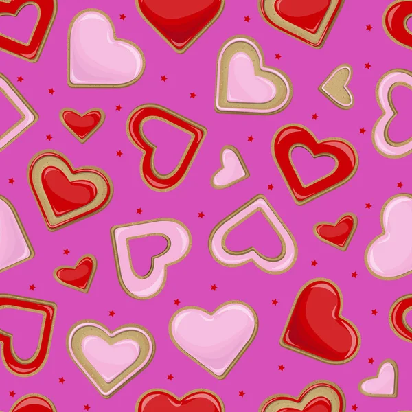 ピンクと赤のクッキーのベクトルシームレスなパターン紫色の背景に隔離された心の形 — ストックベクタ