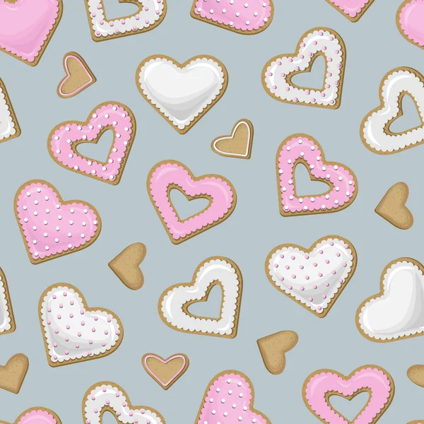 ピンクと白のクッキーのベクトルシームレスなパターン灰色の背景に隔離された心の形 — ストックベクタ