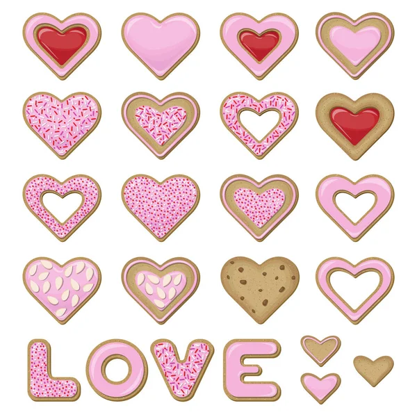 情人节的一组带向量的饼干 红心饼干和写在字里行间的信 上面涂满了粉红色的釉料 上面装饰着用白色隔开的糖果 — 图库矢量图片