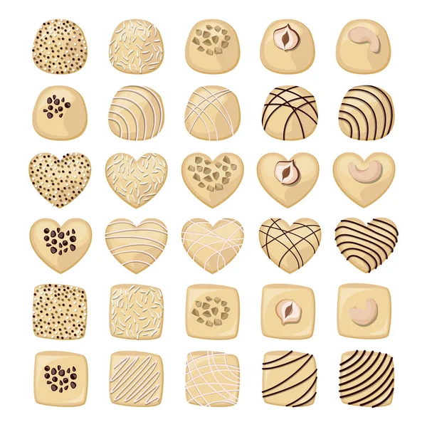 Ensemble Vectoriel Bonbons Chocolat Blanc Décorés Flocons Noix Coco Noix — Image vectorielle