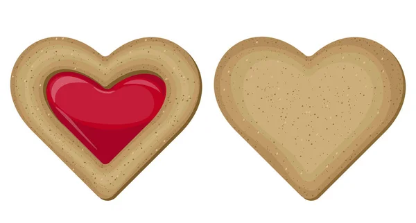 向量情人节饼干与红色浆果果酱分离的白色背景 现实的心形饼干 — 图库矢量图片