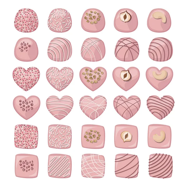 Conjunto Vectorial Caramelos Chocolate Rosa Diferentes Formas Aisladas Sobre Fondo — Vector de stock