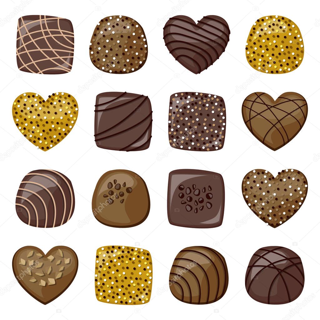 Vector set of milk, dark and golden glitter chocolate candies isolated on white background.