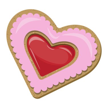 Beyaz arkaplanda kırmızı böğürtlen reçeli olan pembe kalp şeklindeki kurabiyenin vektör üst görünümü.