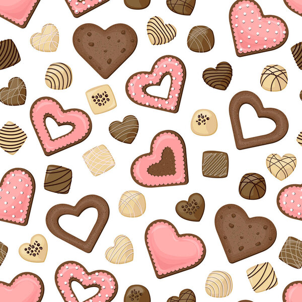 Векторный бесшовный рисунок печенья в форме сердца с коралловой глазурью и молочные шоколадные конфеты изолированы на белом фоне.