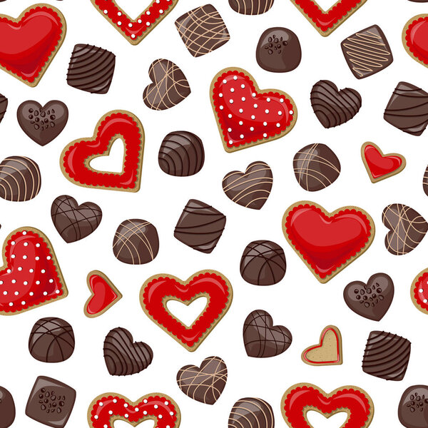 Векторный бесшовный шаблон. Печенье в форме сердца с красной глазурью и темные конфеты изолированы на белом фоне.