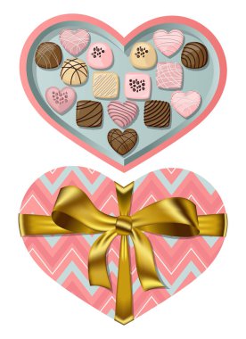 Mercan mavisi kalp şeklinde altın kurdele, fiyonk ve beyaz arka planda izole çikolatalar olan bir hediye kutusu. Vektör illüstrasyonu.