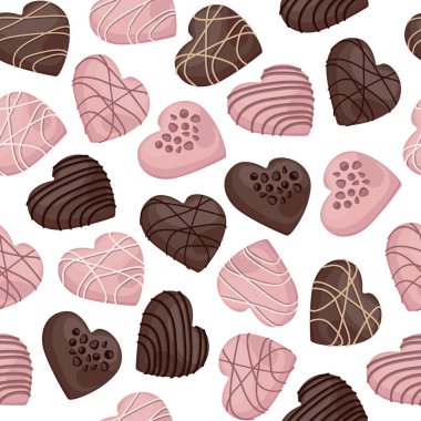 Beyaz arka planda izole edilmiş, siyah ve pembe kalp şeklinde çikolata şekerlemeleri olan kusursuz bir şekil..