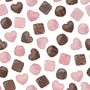 Şenlikli vektör kusursuz desen. Beyaz arka planda izole edilmiş, şekerleme, krema ve hindistan cevizi taneleriyle süslenmiş pembe ve siyah çikolata şekerleri..