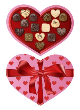 Vector üst görünüm pembe kalp şeklinde hediye paketi kırmızı kurdele, yay ve çikolata şekerleri beyaz arka planda izole.