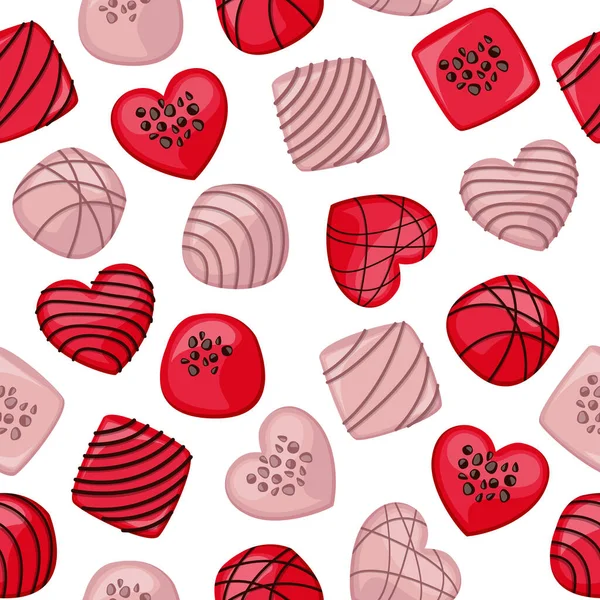 Vektornahtloses Muster Mit Rosa Und Roten Schokoladenbonbons Verschiedenen Formen — Stockvektor