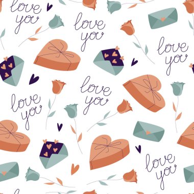 Romantik vektör kusursuz desen. Düz mavi ve bronz elementler beyaza izole edilmiş. El yazısı harfleri seni seviyorum, güller, zarf, hediye kutuları..