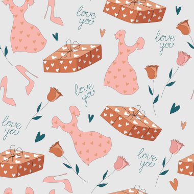 Şirin, romantik, kusursuz bir model. Dümdüz zümrüt, bronz ve pembe elementler gri renkte izole edilmiş. Güller, hediye kutuları, kaligrafik el harfleri aşk, kalp, elbise, topuklular.. 