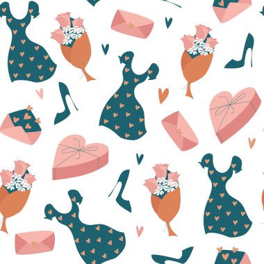 Sevgililer Günü için romantik, kusursuz bir model. Duvar kağıtları, ambalaj kağıtları, hediye paketleri, kapaklar, baskılar için hassas tasarım. Düz zümrüt, beyaz arka planda izole edilmiş altın ve pembe elementler. 