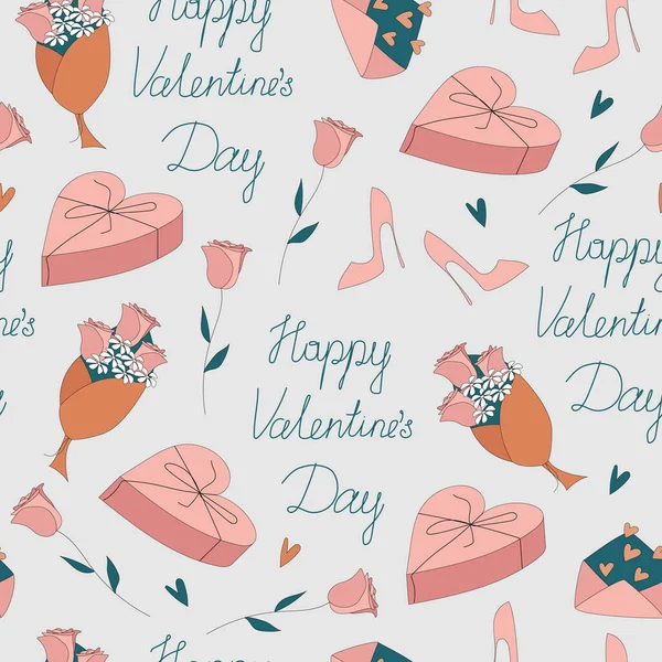 Feliz Día San Valentín Caligrafía Letras Mano Ramo Rosas Cajas — Vector de stock