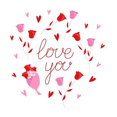 Vektör bayrağı. Kaligrafi el yazısı beyaz üzerine kırmızı ve pembe güllerle seni seviyor..