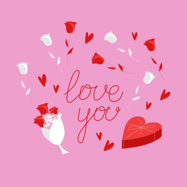 Romantik bir şablon. El yazısı harfleri seni seviyor, beyaz ve kırmızı güller, pembe arka planda izole edilmiş kalpler. Düz elementler.