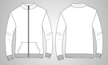 Uzun kollu ve fermuarlı ceketle ince bir uyum. Ön ve arka manzarada genel moda teknik düz çizim vektör şablonu. Giysi Ceketi Düz çizim vektörü maketi.