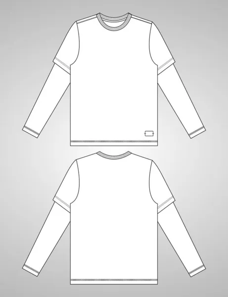Ajuste Regular Manga Larga Camiseta Técnica Bosquejo Moda Plantilla Plana — Vector de stock