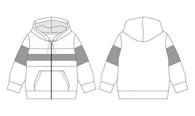 Uzun kollu, cep kapüşonlu kapüşonlu, teknik taslak çizim vektör illüstrasyonuyla tam uydu. Önde ve arkada düz giyimli tulum şablonu var. Kadınlar, erkekler unisex sweatshirt üst CAD.
