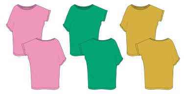 Çok renkli Koleksiyon Pembesi, Yeşil, Sarı Kadın Üstü. Büyük beden gömlek giysisi teknik moda daireleri taslak vektör şablonu. Kıyafet tasarımı, illüstrasyon modellemesi Bayanlar Unisex Tops CAD.