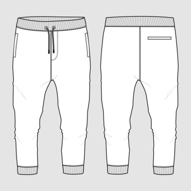Tüylü pamuk forma temel eşofman altı, düz moda taslak, ön ve arka görünüm. Kıyafet koşucusu pantolon vektör çizimi çocuklar ve oğlanlar için. Moda tasarımı CAD çizimi.