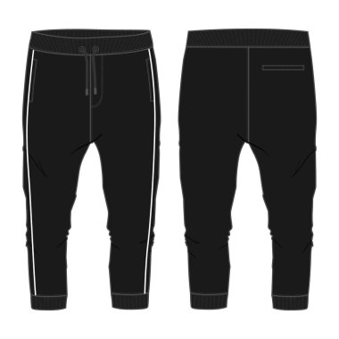 Temel eşofman altı teknik taslak şablonu ön ve arka manzara. Giysi Cotton koşu pantolonu vektör çizimi Siyah Renk çocuklar ve oğlanlar için. Moda tasarımı CAD çizimi.