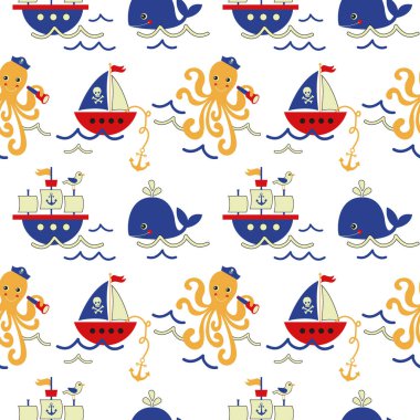 Şirin hayvanlar ve deniz yaratıklarının kusursuz desenleri. vektör illüstrasyonu