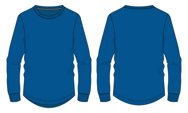 长袖与圆形风格底部基本T恤技术时尚平面草图矢量模板 棉衣服装设计蓝调造型前 背景隔离在白色背景 — 图库矢量图片