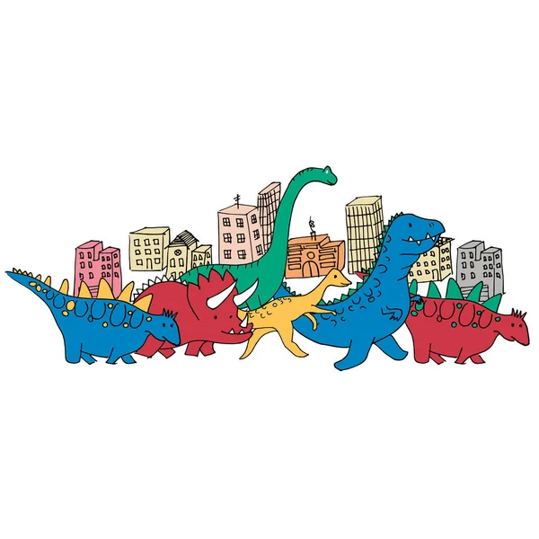 Mehrfarbiges Dinosaurier Team Und Stadt Cartoon Vektor Kunst — Stockvektor
