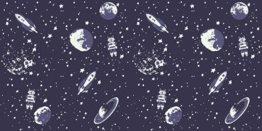 Roket, uzay gemisi, astronot, yıldız, gökyüzü ve diğerleri donanma mavi arka planında izole edilmiş kusursuz vektör desenli nesneler. Tekstil, arkaplan, arkaplan ve diğer yaratıcı projeler için tasarım kullanımı
