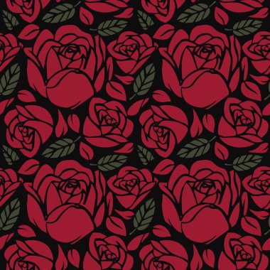 Kumaş, tekstil, ambalaj kağıdı ve Kara Arkaplan 'da izole edilmiş diğerleri için Kırmızı Güller Kusursuz Vektör deseni. Geçmiş tebrik kartları ve düğün, doğum günü, sevgililer günü davetiyeleri için kullan