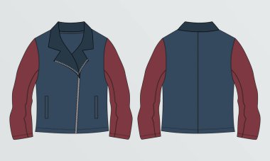 İki ton kırmızı, lacivert uzun kollu fermuar ceketli, düz moda taslak çizim vektör çizim şablonu. Giyim Ceketi Sweatshirt Düz vektör çizim giysileri maketi.