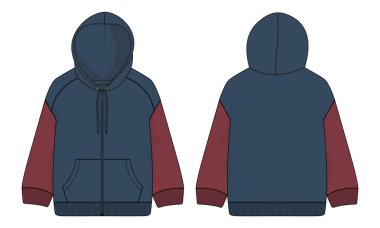 Two tone Red and Navy blue Color hoodie Technical Fashion flat sketch Vector illustration template front and back views. Apparel Clothing Design Mock up CAD.  