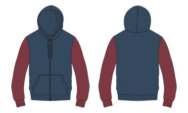 Two tone Red and Navy blue Color hoodie Technical Fashion flat sketch Vector illustration template front and back views. Apparel Clothing Design Mock up CAD.  