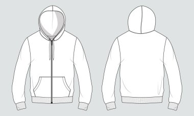 Long Sleeve Hoodie Technical Fashion flat sketch Vector Illustration Template Front and Back views. Fleece Cotton Jersey Clothing Mock up CAD.
