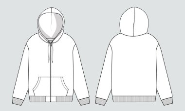 Uzun kollu kapüşonlu teknik taslak Vektör Çizim Şablonu Önü ve Arkası görünümü. Örtü Cotton Jersey Giysileri CAD 'ı uydur.