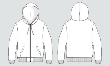 Long Sleeve Hoodie Technical Fashion flat sketch Vector Illustration Template Front and Back views. Fleece Cotton Jersey Clothing Mock up CAD.
