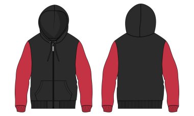 Two tone Red and black Color hoodie Technical Fashion flat sketch Vector illustration template front and back views isolated on white background.