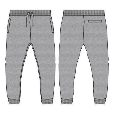 Khaki rengi Temel Eşofman Eşofmanı Teknik Düz Taslak Şablon Ön ve Arka Görünüm. Örtü Cotton koşucusu pantolon vektör çizimi çocuklar ve oğlanlar için maket çiziyor.