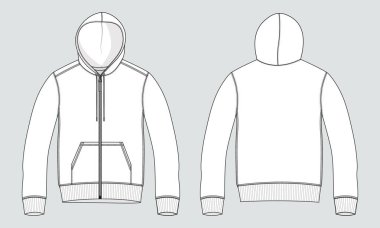 Uzun kollu kapüşonlu teknik taslak Vektör Çizim Şablonu Önü ve Arkası görünümü. Örtü Cotton Jersey Giysileri CAD 'ı uydur. 