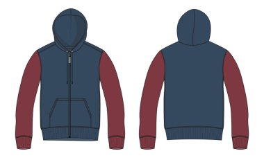 Two tone Red and Navy blue Color hoodie Technical Fashion flat sketch Vector illustration template front and back views. Apparel Clothing Design Mock up CAD. 