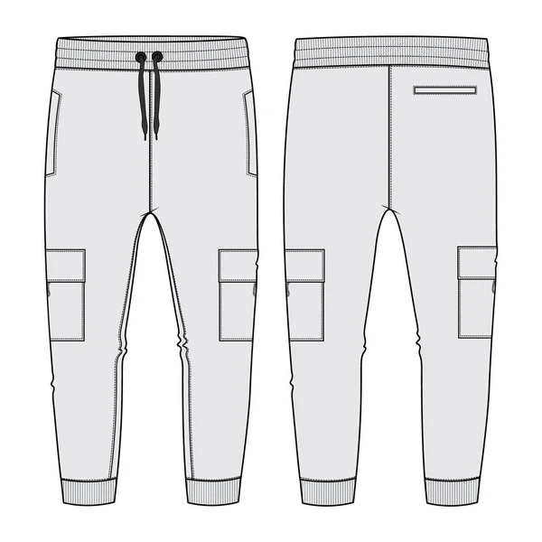 毛织物Jogger汗裤整体技术时尚平面草图矢量插图模板前 侧视图隔离在白色背景 — 图库矢量图片