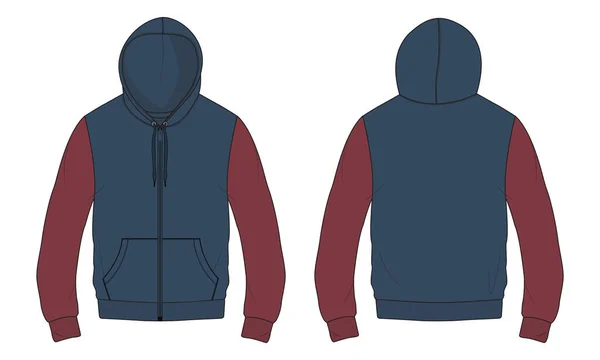 Two Tone Red Navy Blue Color Hoodie Technical Fashion Flat — Vettoriale Stock