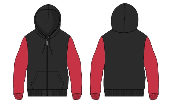 Zweifarbige Rote Und Schwarze Farbe Kapuzenpullover Technische Mode Flache Skizze — Stockvektor